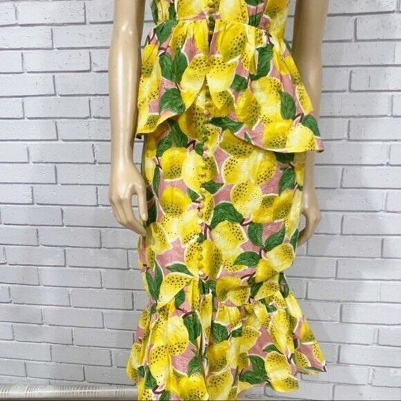 Farm Rio Fresh Lemons Ruffle Midi Dress S – NWT, Lemon Print, High-Low Flounce - Picture 3 of 12